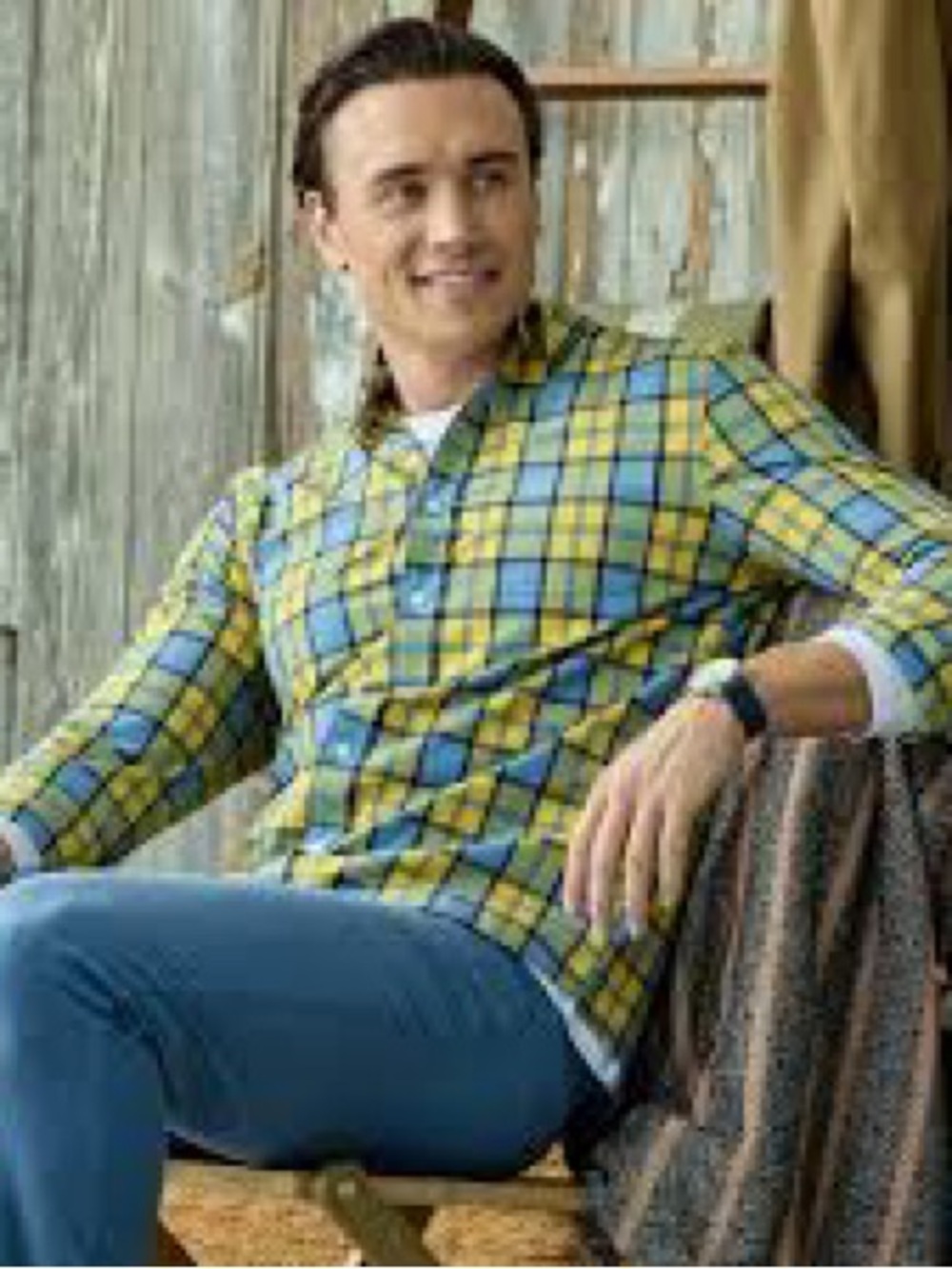 Southern Proper Yellow and Blue Plaid Casual Button-Down Shirt